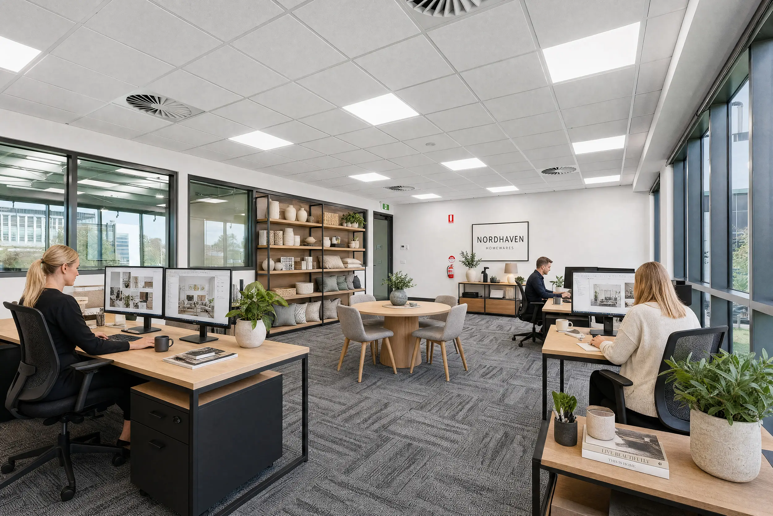 The mezzanine office of a Jacoah Place tenancy fitted out as a working studio, with full-height windows overlooking the showroom floor