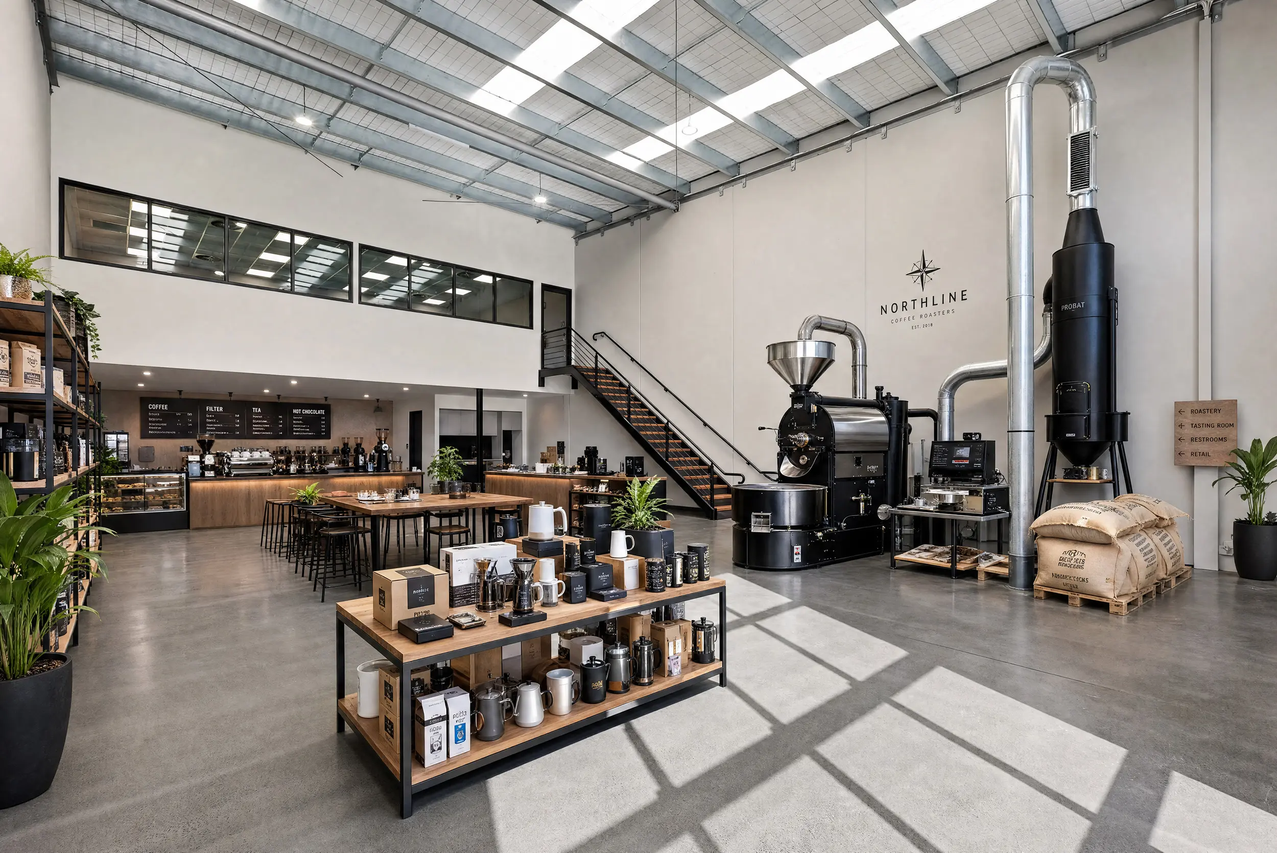 A Jacoah Place tenancy styled as a coffee roastery and tasting room, with roasting plant, retail shelving and cafe counter