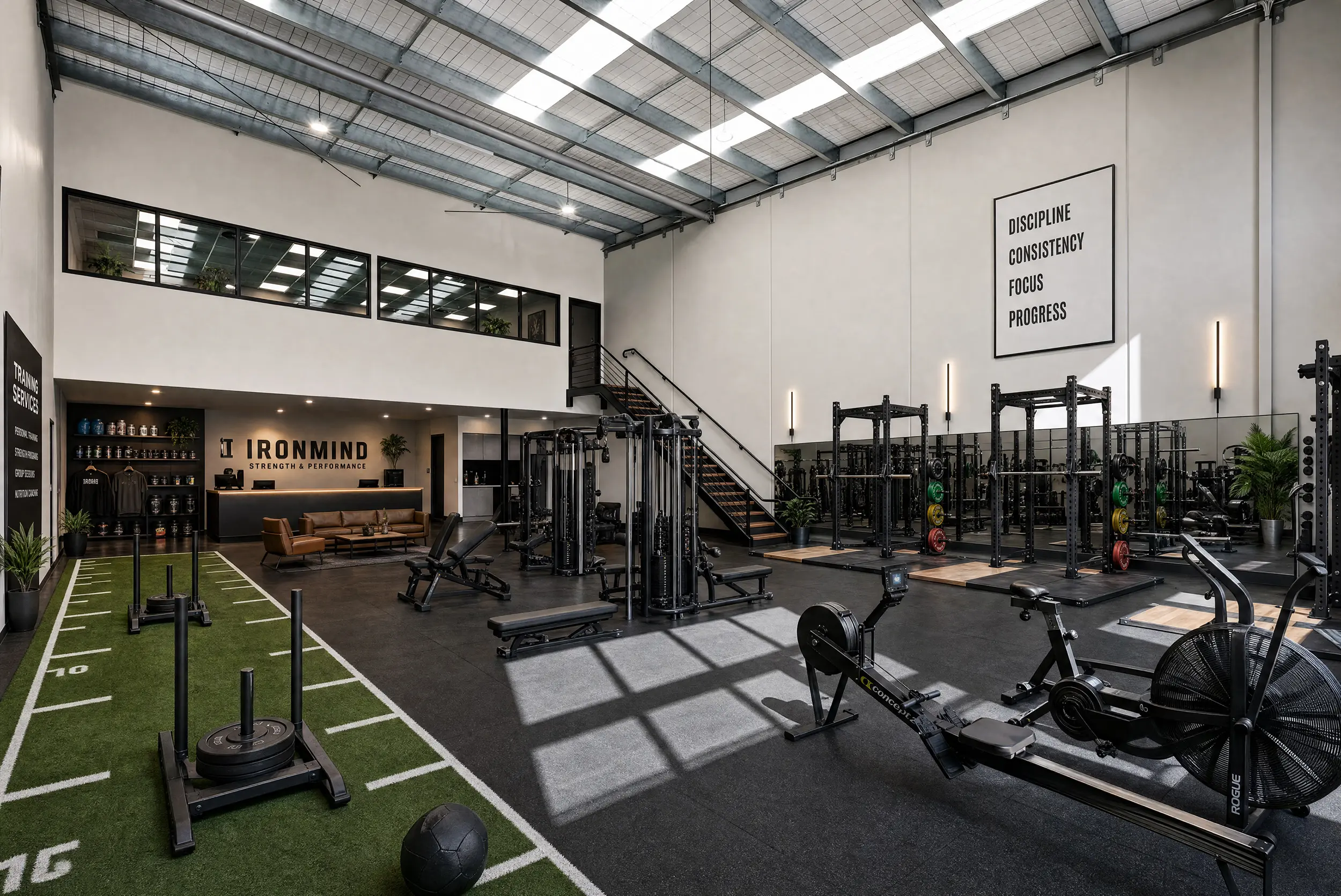 A Jacoah Place tenancy styled as a strength and performance gym, with turf track, rig and reception under the high-clearance roof