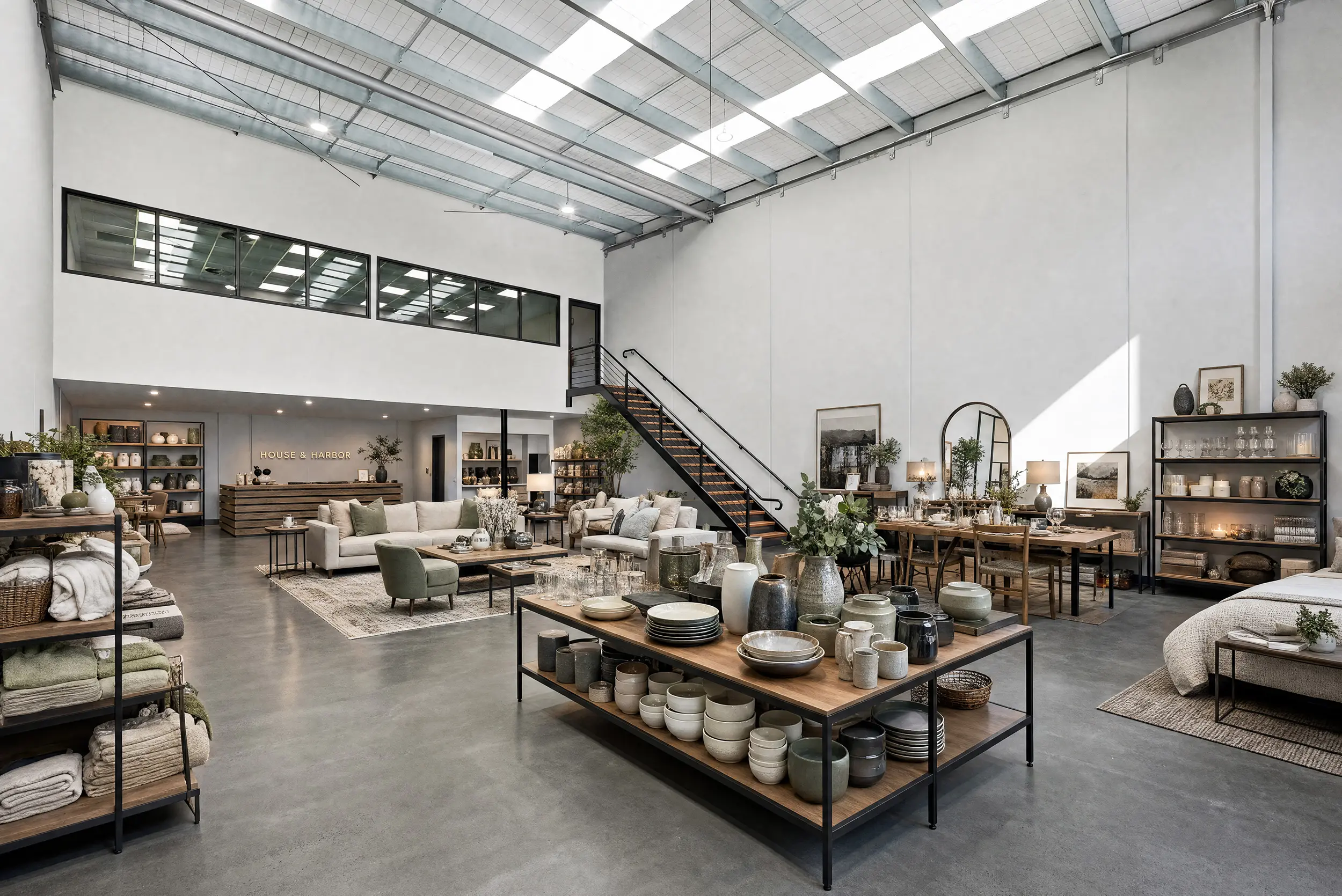 A Jacoah Place tenancy styled as a homewares showroom, showing the double-height ceiling, skylights and glazed mezzanine above the retail floor