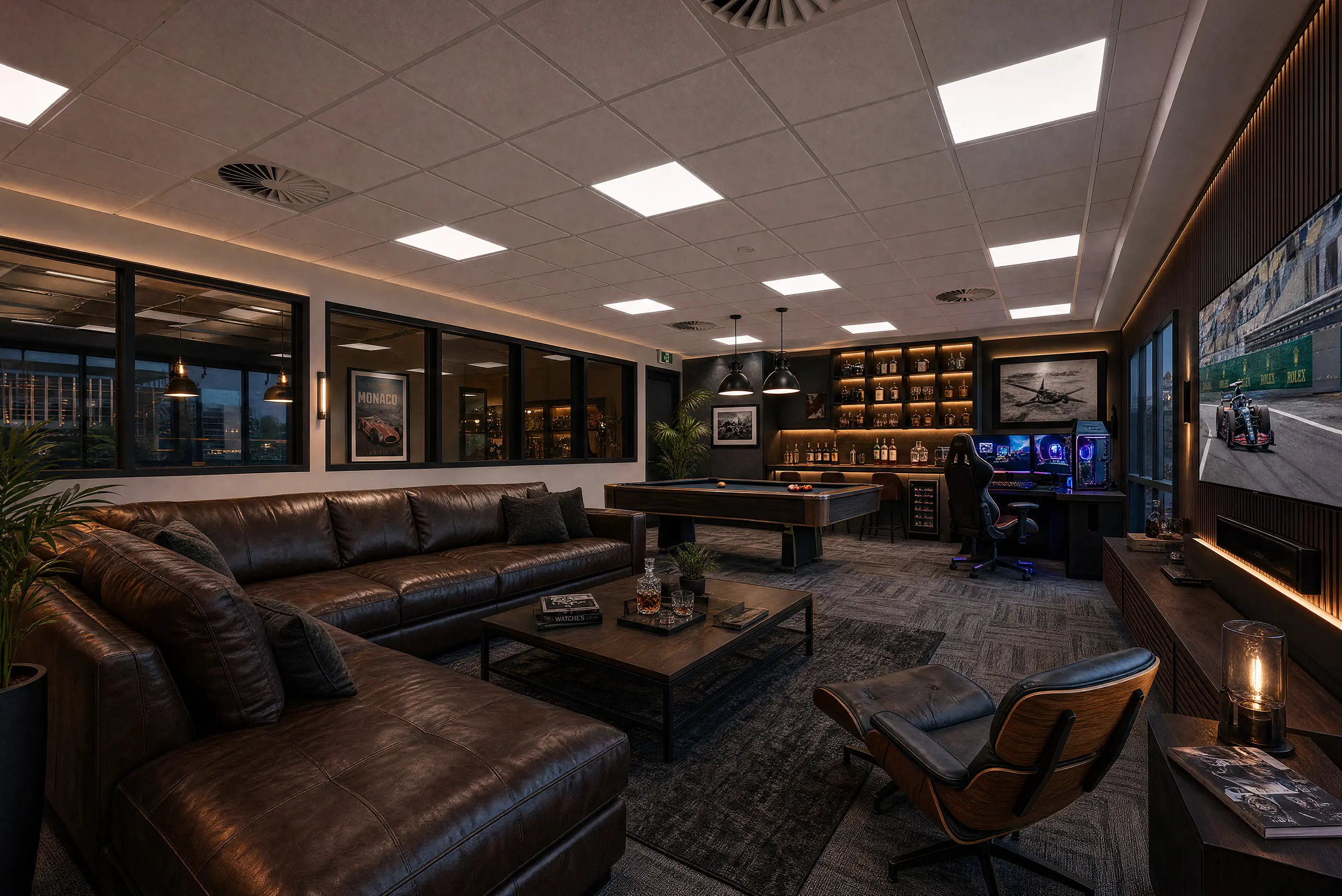 The mezzanine of a Jacoah Place tenancy styled as a private lounge, with leather seating, a pool table, bar shelving and a wall-mounted screen