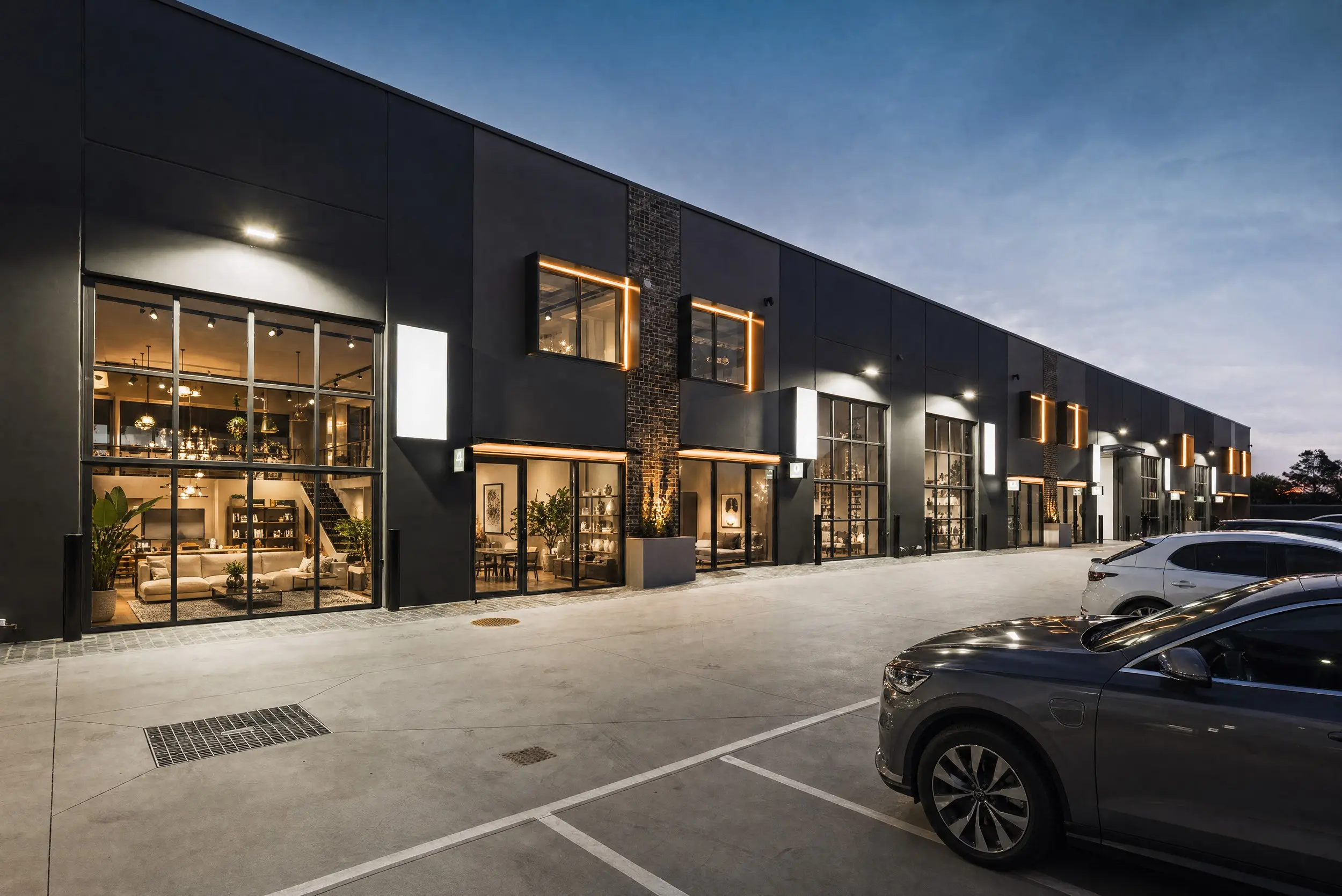 Jacoah Place driveway and showroom frontages at dusk